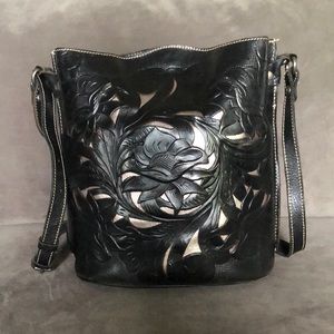Patricia Nash laser cut out tooled leather bucket handbag